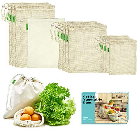 E-Know Reusable Mesh Cotton Produce Bags - 11 Pack (3 Small, 4 Medium, 3 Large, 1 Storage Bag), Plastic Free, Eco Friendly