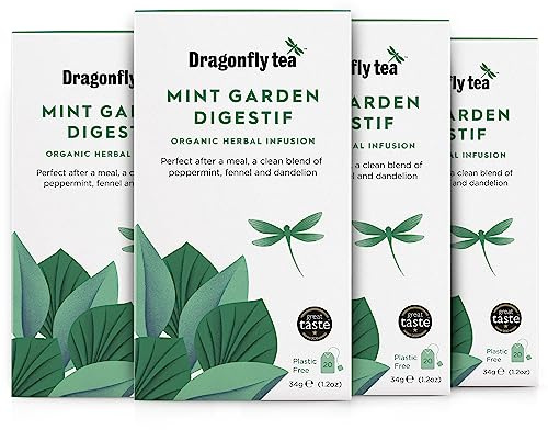 Dragonfly Mint Garden Digestif Tea | Pack of 4 x 20 Organic Tea Bags (80 Teabags) | Herbal Tea Bags | Mint Tea Bags | Peppermint Tea Bags | Digestive Harmony | Perfect After Meals | Compostable