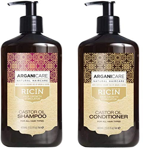 Duo Arganicare (Shampooing accélérateur de croissance + Après shampooing Reconstructeur) à l’huile de ricin Bio 400ml (Set de 2 Produits)