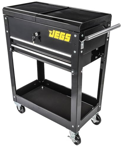 JEGS Heavy-Duty Tool Box Cart | 220 LBS Capacity | Uses Four 4 Caster Wheels | Includes 2 Keyes and 6 Drawer Liners | Black with JEGS Logo | 2 Locking Drawers | Sliding Top