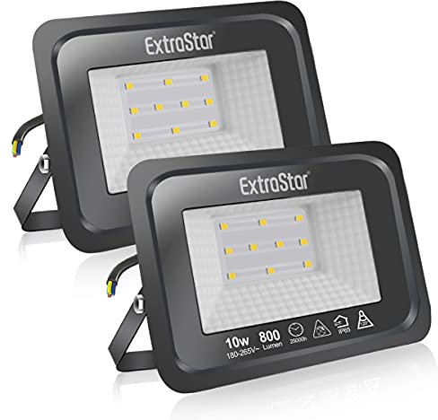 EXTRASTAR 10W LED Floodlight Outdoor, 800LM Super Bright LED Security Lights, IP65 Waterproof Flood Light Wall Lights for Garden, Garage, Warehouse, Backyard and More - 3000K Warm White, 2 Pack