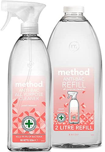 Method Antibacterial Spray, All Purpose Cleaner, Peach Blossom, 828 ml + Method Antibacterial Spray Refill, All Purpose Cleaner, Peach Blossom, 2 L