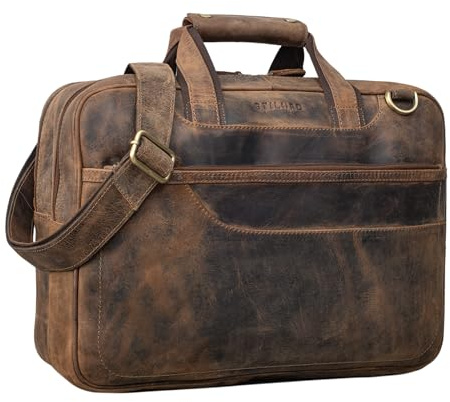 STILORD Astor Große Lehrertasche Leder für Herren Damen Vintage Aktentasche XL Businesstasche Umhängetasche für breite A4 Ordner Laptop Trolley Aufsteckbar Farbe:matt - Dunkelbraun