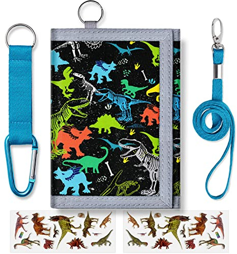 TATAANTY Kids Wallet for Boys Girls Age 3-16, Trifold Wallets with Zippered Coin Pocket for Child Toddler Dinosaur Black