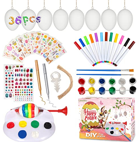 LessMo Uova di Pasqua Decorative, 36 Pezzi Uova Pasquali da Appendere, Decorazioni Fai da Te, Bianco Uova Pasquali con La Corda di Pasqua per La Decorazione e Regalo