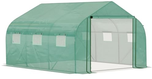 Outsunny Invernadero de Túnel 3,5x3x2 m Invernadero de Jardín con Puerta y 6 Ventanas Enrollables de Polietileno PE 140 g/m² Metal Galvanizado para Cultivos Plantas Flores Verde