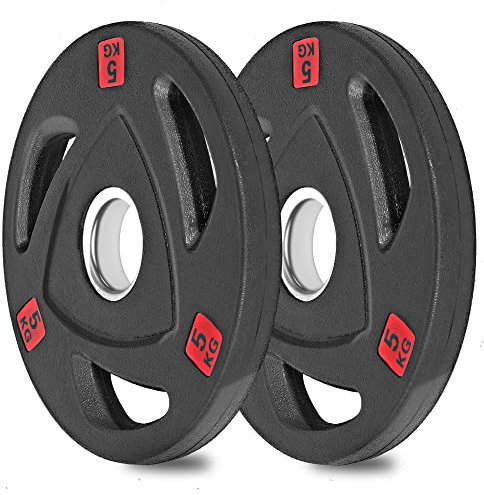wuuhoo® olympische Hantelscheiben Ray 50mm, Langhantelgewicht 2er Set, Hantelscheibe gummiert mit Stahlkern und Griffen, beschichtet in Schwarz - Fitnessgerät für Zuhause, modernes Design 2 x 5kg