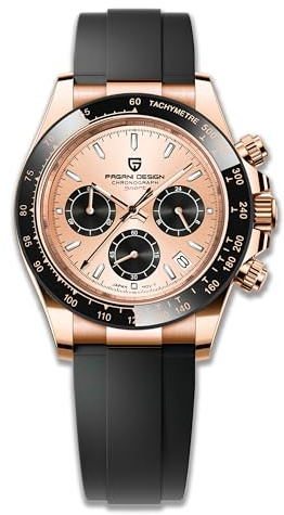 PAGRNE DESIGN Ceramica Uomo lunetta Bracciale in acciaio inox Cronografo impermeabile 100 m vetro zaffiro Orologio da uomo automatico (tutto oro)
