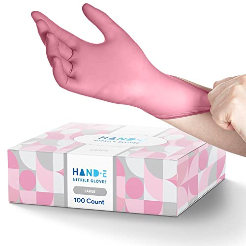 Hand-E Touch Pink Nitrile Disposable Gloves Large, 100 Count - Esthetician, Nail Tech, Microblading, Hair Dye & Stylist, Salon, Cleaning Gloves - Latex Free