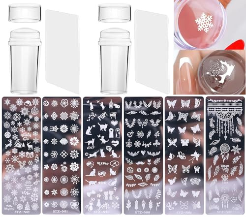 10 Pcs Nail Stamp Template Kit French, Contains 2 Stamper 2 Squeegee 6 Pattern Templates， for DIY Nail Decor Easy French Style Nail Art Designs, Nail Stamper Stencil Plates Set Manicure Nail Supplies