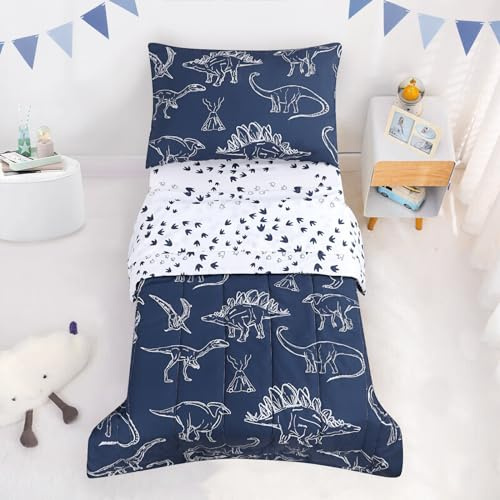 Jundetye 4 Pieces Dinosaur Toddler Bedding Set for Boys, Soft Breathable Toddler Comforter Set, Dino Print Navy, Includes Reversible Comforter, White Fitted Sheet and Flat Sheet, Pillowcase