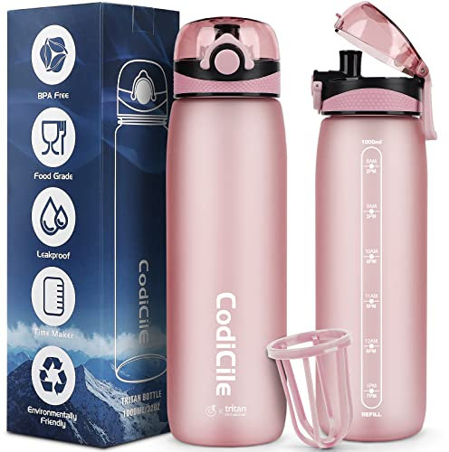 CodiCile Trinkflasche 1l BPA frei, Wasserflasche 1L Tritan, Spülmaschinensichere Sport Trinkflasche, Auslaufsichere Flasche mit Zeitmarkierung und Filter für Laufen, Fitness, Schule, im Freien