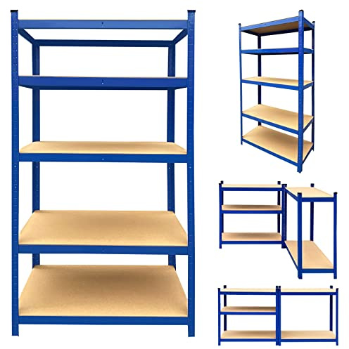 Scaffale in metallo blu, 200 x 100 x 50 cm (altezza x larghezza x profondità), unità a 5 strati, acciaio e MDF, componenti senza viti, scaffale per garage, ripiano regolabile, capacità totale 875 kg