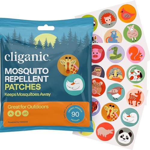 Cliganic Mosquito Repellent Stickers (90 Pack) - Animal Patches for Kids, Natural DEET-Free, Essential Oil Infused
