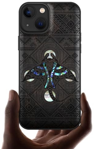 Carveit Étui Magnétique pour iPhone 13 Coque Luxe Cover [Bois et Incrustation de Coquille] Etui Compatible avec Apple 13 Magsafe Case (Bois Sombre-Die Stammes-Manta-Rochen)
