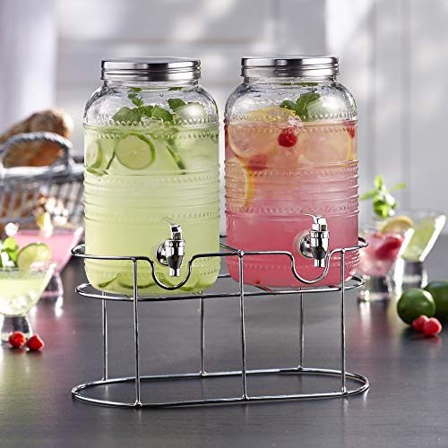 Style Setter Liam Elegant Clear 1 Gallon Glass & Metal Gravity Beverage Dispenser with Stand (Set of 2), Party Drink Dispenser for Sweet Tea Lemonade Punch Water, Juice Dispensers for Parties