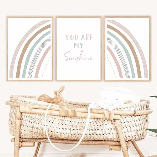 FSZSEES Dusty Pink Boho Rainbow Wall Art Set of 3 Nursery Wall Decor You Are My Sunshine Canvas Prints Unframed Children Room Wall Art for Girls Boys Bedroom 12x16 Inch