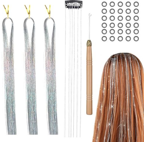 JCUGSBS 600+15 mèches de cheveux scintillantes pour cheveux 120/50cm Extensions de cheveux Tinsel Glitter Mèches de cheveux scintillantes Extension de cheveux Fairy Kit d'extension de cheveux