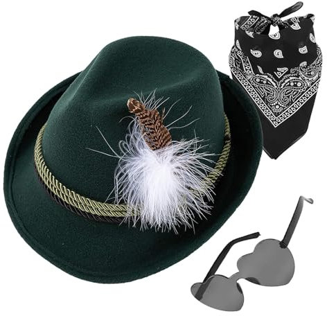 Oktoberfest-Hüte, 1 Set Fedora-Oktoberfest-Hut mit Kopftuch, Brille – Oktoberfest-Kostüm-Zubehör für Erwachsene, deutsche alpine, bayerische Mütze für Erwachsene