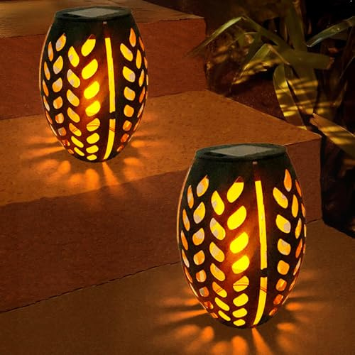 CBAXEAXM 2PCS Solar Table Lanterns with Flickering Flame Light Outdoor Waterproof, Metal Desktop Decorative Lamp with Hollow Design for Tabletop Garden, 7.3 H Black Leaf
