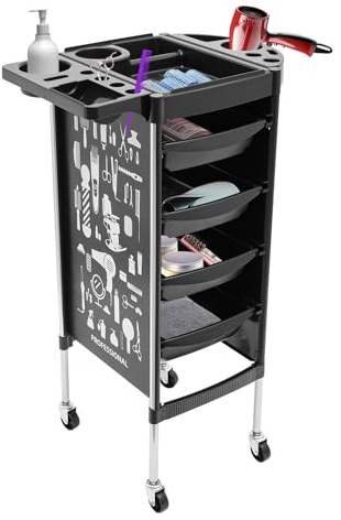 Carro de peluquería con cajones Extensibles, Carrito de salón de Belleza con Ruedas, para peluquerías, SPA, Salones de uñas (Negro, 4 cajones)
