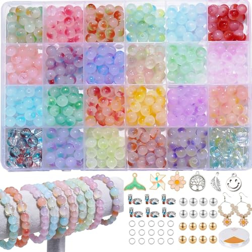 BLAESIFF Glass Beads for Jewelry Making, 24 Colors Bracelet Making Kit 743Pcs Crystal Beads with Hole for Jewelry Making and DIY Craft Decor, with Spacer Bead and 0.6mm Cord