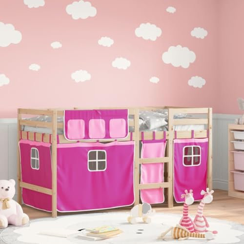 IKAYAA Halbhochbett mit Vorhängen für Kinder aus Kiefernholz, inklusive Lattenrost, Kinderbett 90 x 200 cm, Hochbett für Kinder, für Jungen und Mädchen, Rosa