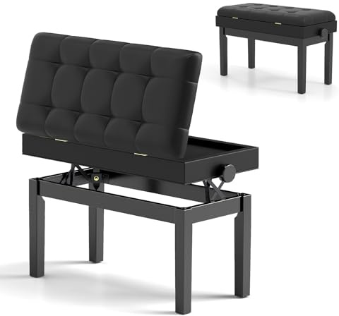 GIANTEX Banc pour piano avec hauteur réglable de 48 à 58 cm, tabouret rembourré pour 2 personnes, tabouret avec espace de rangement et pieds antidérapants, noir