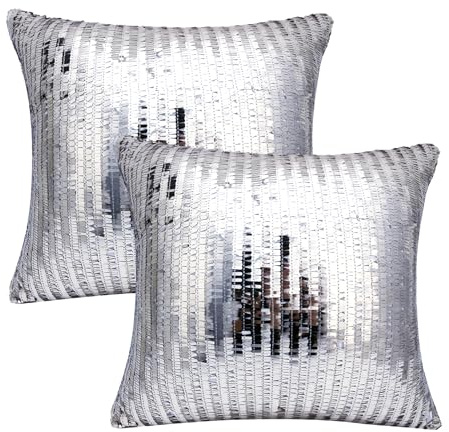 Fundas de cojín plateadas, 2 fundas de cojín de lentejuelas plateadas, fundas de almohada de bola de discoteca, decoración navideña de discoteca, fundas de cojín de lentejuelas brillantes, la mejor
