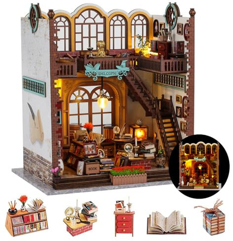 Maison de Poupée en Bois Miniature, Maison a Construire Kit,DIY Miniature House avec Meubles et Lumière LED, Cadeau de Bricolage pour Adultes(Librairie Magique)