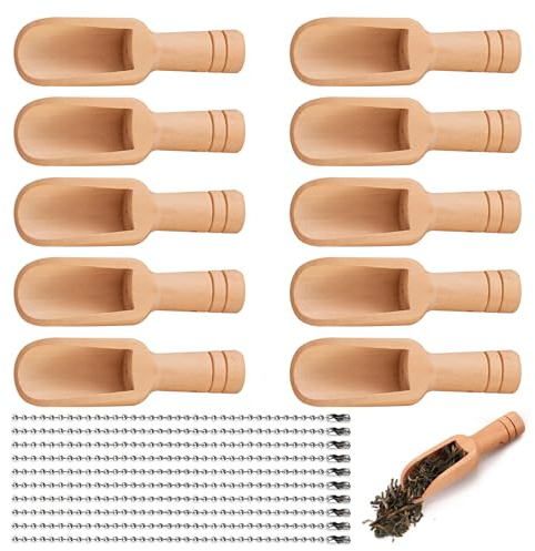 Klein Teeschaufel Holz, 10 Stücke Holzlöffel 7.8×2.4cm, Holzlöffel Klein Mini Holzlöffel Holzschaufel Badesalz Löffel mit 10 Perlenkette für Kaffee GewüRze Tee KüChenutensilien (Holzfarbe)