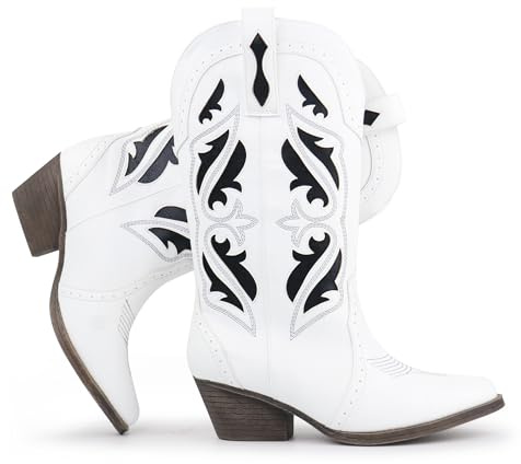 Hawkwell Bottes cowboy femme à broderie - mi-mollet à bout pointu avec talon carré et entrée facile (taille 36-42)