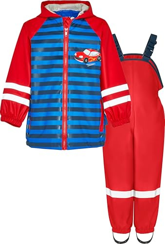 Playshoes Unisex barn regnset regnbyxor regndräkt (2-pack), Racerbil röd, 98