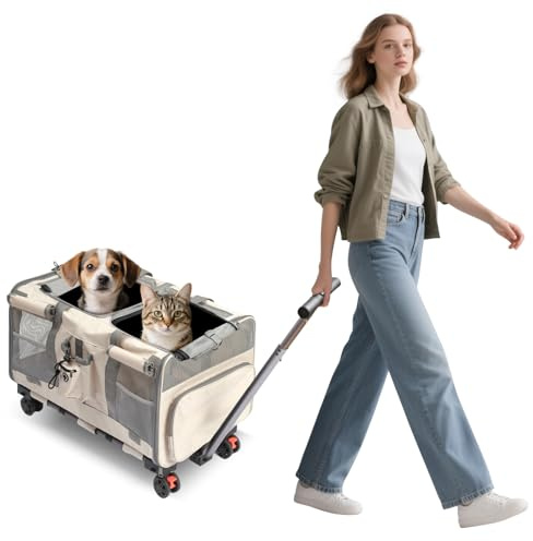 PETCUTE rullningsbar husdjursbärare för 2 katter, dubbelrums rullningsbar kattrulla med hjul, för upp till 17,5 kg, superventilerad design, idealisk för resor/vandring/camping, flyggodkänd, beige