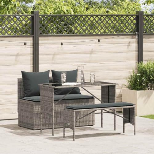 Massbinet 3-TLG Garten-Esszimmer-Set Balkonmöbel-Set mit Kissen Grau Rattan