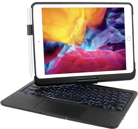 Synchro Bands tangentbordsfodral för iPad 2018 (6:e gen) 2017 (5. Gen) – 9,7 tum – iPad Air 2 &1–360 vridbar – bakgrundsbelysning 7 färger (svart)