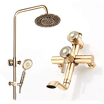 Gold Carved Shower System Antique Brass Shower Faucet Set Wall Mounted Multi-Functional Bathroom Shower Combo Set With Handheld Shower, 8 Inches Shower Head, Bathtub Faucet,Antique B (Antique C)