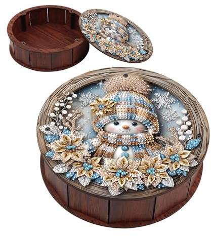 JICFDAO Diamond Painting Runde Snack Box 19.8x5.7cm Diamant Malerei Snackbehälter aus Holz Kleinigkeiten Organizer Aufbewahrungs-Organizer Holzbox mit Deckel für Zuhause Büro Party Schneemann Winter