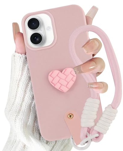 Krdvekm Cover con Cordino per iPhone 16 6,1'', Aesthetic Cuore Rosa Mädchen 3D Disegni Silicone Custodia Case con Tracolla Collana Antiurto Bumper Protettiva Case