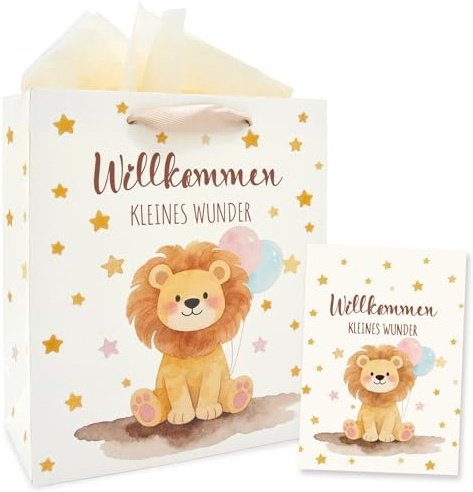 Geschenktüten zur Geburt Glückwunschkarte Baby Geschenke Geschenktasche mit Henkel Seidenpapier A6 Grußkarte Willkommen kleines Wunder Junge Mädchen Shower Löwe Design