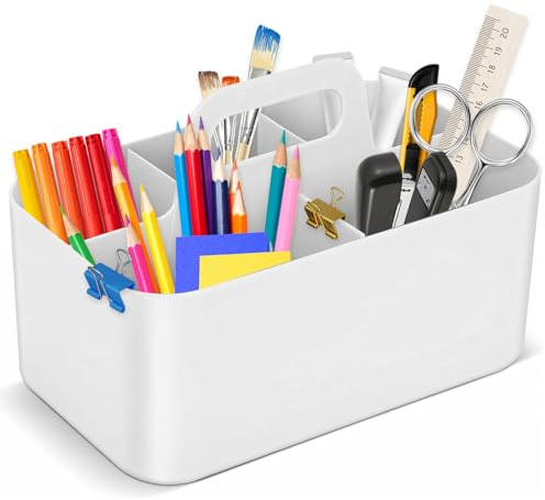 Arrangör Artiklar med Handtag, Skrivbord Pennhållare 5 fack, Caddy Organisatör Plast Multipurpose Stapelbar, Hem Kontor Förvaringskorgar, Bärbar Förvaringslåda för brevpapper, Pennor