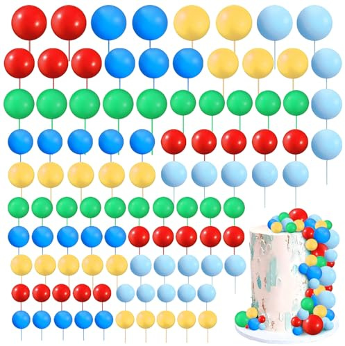 Lot de 108 boules de décoration de gâteau DIY Mini ballon Cupcake Décoration de gâteau pour mariage, anniversaire (5 couleurs)