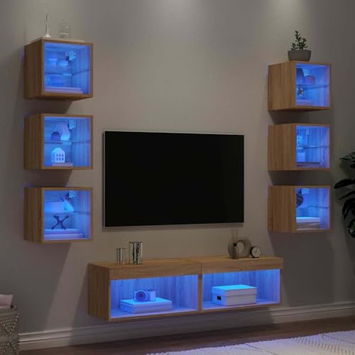 Ensemble Mural de Salon 8 Pièces en Bois Composite, Éclairage LED RGB, Rangement Polyvalent, Meuble d'Appoint, Meuble TV Design, Armoire de Rangement, Chêne Sonoma, 6x30x28.5x30 cm 2x60x30x30 cm