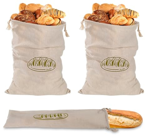 3 Bolsas para Pan de Lino con Forro TPU, 40x30 cm Bolsa para Guardar El Pan con CordóN Reutilizables Para Baguette, Frutas, Verduras Almacenamiento y Conservación de Alimentos