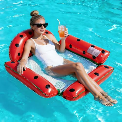 Aufblasbare Wasser Luftmatratze Pool, Aufblasbare Wasserhängematte Erwachsene mit 4 Kopfstütze, Rote Wassermelonen-Figuren Liege, Pool Flöße Sommer Party, Strand Wasserspaß Sonnenliegebett 116X103CM