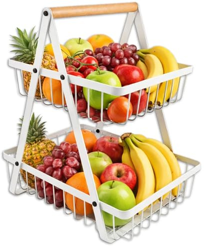 PECZEKO Zweistöckiger Obstkorb mit 2 Ebenen – Platzsparende Obstschale & Obsetagere aus Metall mit Holzgriff – Stabiler Obstständer für Küche, Arbeitsplatte & Tisch, Weiß