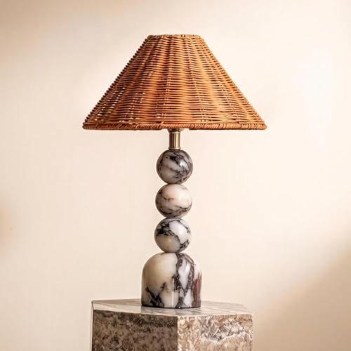 15 Lampada da tavolo in marmo Calacatta, Home Decor Hand-Woven Rattan Shade, colore caldo Vintage Luxury Design Luce decorativa, per camera da letto Soggiorno, bancone, console, camera da letto