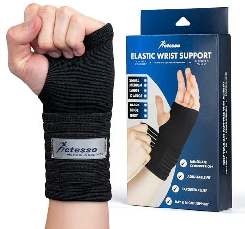 Actesso Elástica Muñequera de Soporte y Compresión – Alivio y Comodidad para Tendinitis, Túnel Carpiano, Dolor de Muñeca, Esguinces y Deportivas – Negro o Beige (XL, Negro)
