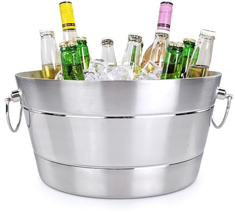 BREKX Stainless Steel Ice Bucket for Parties, Double Wall Insulated Anchored Brushed Drink Tub & Wine Bucket with Double Hinged Handles, Drink Chiller for Parties, 12QT (3 Gallon), 100% Leak Proof