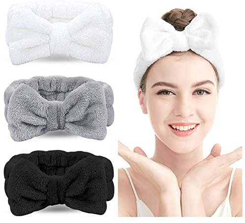 Spa-pannband – 3-pack rosetter hårband smink pannband kvinnor korall fleece elastiskt pannband tvätt ansikte hårband för ansikte kosmetisk dusch yoga sport